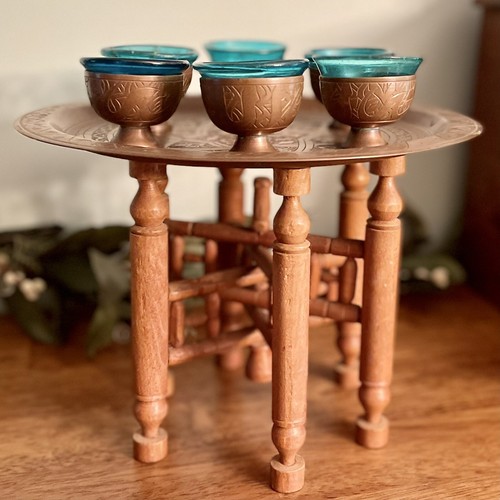 Antique Etched Brass Dallah Tray & Cup Set Hand Blown Blue Glass Wood Stand - Picture 4 of 24