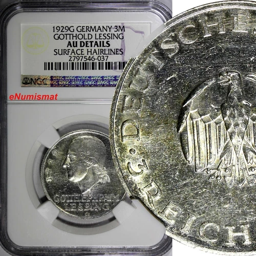 Germany-Weimar Silver 1929 G 3 Reichsmark Gotthold Lessing NGC AU DET. KM# 60(7)