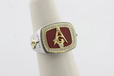Master Mason Sterling Silver 925 & Gold Wash CZ Crimson Masonic G Symbol Ring