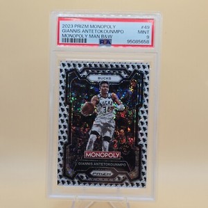2023 Prizm Monopoly #49 Giannis Antetokounmpo Monopoly Man Black White PSA 9