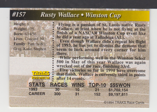 RUSTY WALLACE : 1994 - TRAKS PREMIUM - CARD No. # 157 - Picture 2 of 2