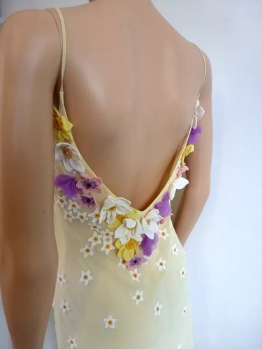 MOSCHINO IVORY LEMON 3D FLOWER APPLIQUES BEADED SILK SLIP DRESS USA 12 IT46 PURP - Picture 7 of 14