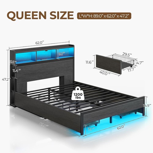 Queen Bed Frame with Storage Headboard, LED 4 Drawers Storage, Charging Station - Picture 3 of 6
