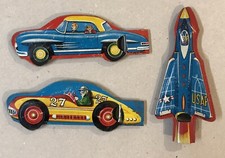 Vintage Japan made Tin Whistle x 3 - Rocket , Racer  Car