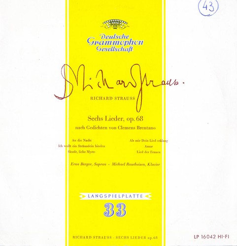 R. STRAUSS 6 Songs Op.68 ERNA BERGER RAUCHEISEN DGG LP-16042 10" 1950 Recording - Picture 1 of 3
