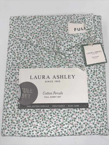 Laura Ashley Full Sheet Set Jolly Holly Green 4pc Cottage Holiday Red Farmhouse