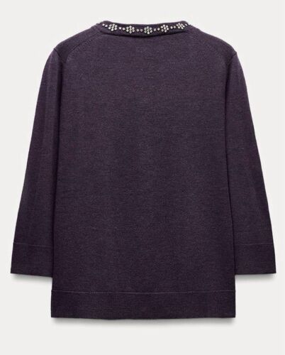 Cardigan Zara Soft Plum Knit con perline | strass | maniche a 3/4 | XL | Nuovo con etichette - Foto 3 di 7