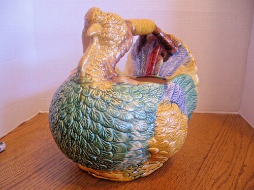 CERAMIC TURKEY BASKET w/HANDLE DECORATION CENTERPIECE ~ HAND PAINTED FALL COLORS - Afbeelding 4 van 11