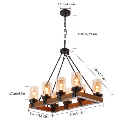 Chandelier Lamp Farm Indoor Wood Glass 8-Lights Black Pendant Light Fixture 480W - Picture 3 of 12