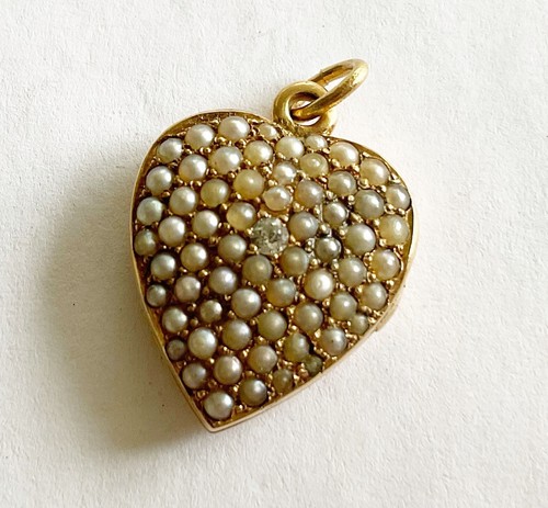 Antikes Jugendstil 14k Pave Perle Herz Medaillon mit Diamant