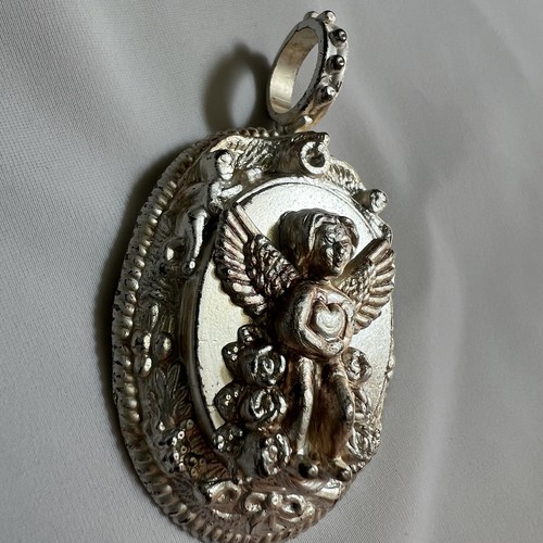 Neiman Marcus Designer Rebecca Collins Chunky Silver Tone Angel Oval Pendant - Picture 5 of 14