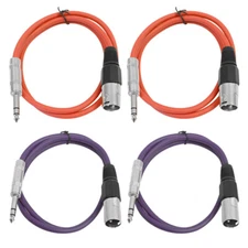 4 Pack 1/4" to XLR Male Patch Cables 3' Extension Cords Jumper - Various Colors