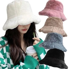 Soft Women Plush Cute Winter Bucket Hat Wide Brim Fluffy Fisherman Faux Fur Cap