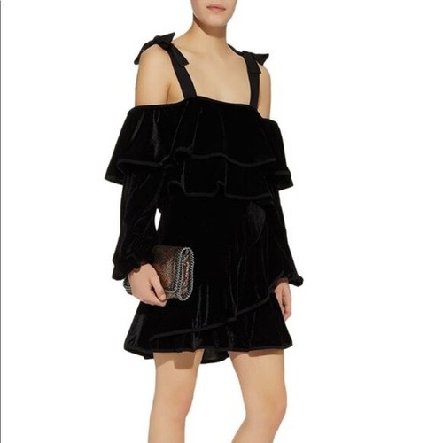 NWT Women $388 Petersyn Tasha velvet ruffle Mini dress Black XS Cut Out - Picture 2 of 11