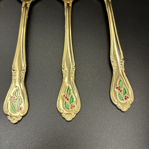 Hollyberry  6 PC. Dinner Spoon Set Gold Stainless Flatware Christmas Japan EUC - Picture 3 of 11