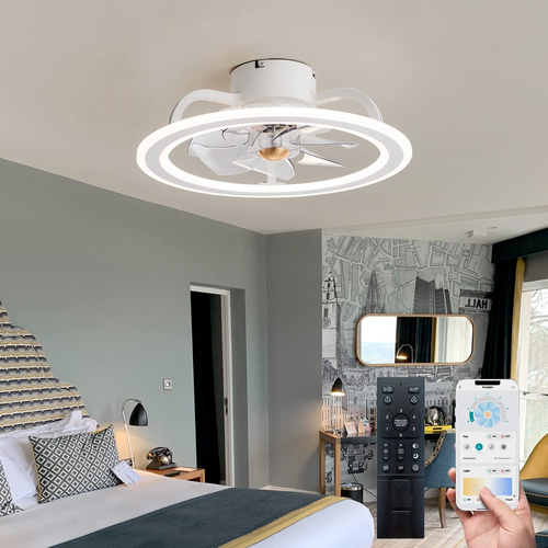 20'' White Modern Indoor Flush Mount Ceiling Fan with Lights Remote Control, Rem - Picture 5 of 6
