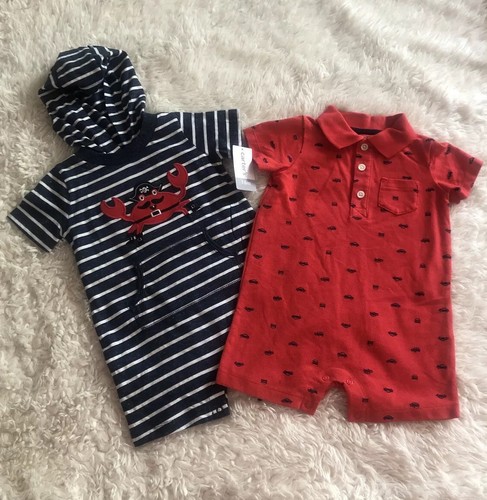 CARTERS -NEW-2 PC Lot-SZ: 18M Baby Boy Romper Crab & Car Print Outfit- - Picture 10 of 10