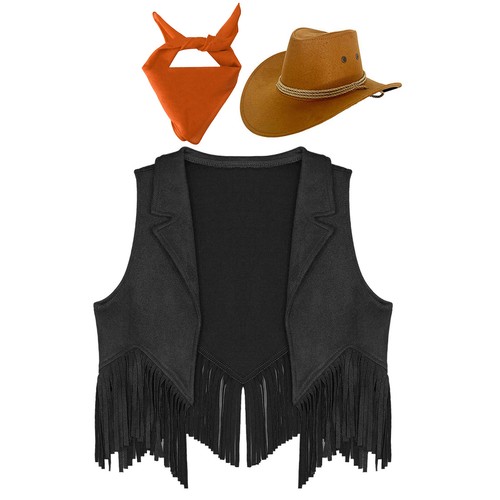 Boys Girls Western Cowgirl Cowboy Outfit Kids Suede Vest with Cowboy Hat Bandana - Picture 82 of 146