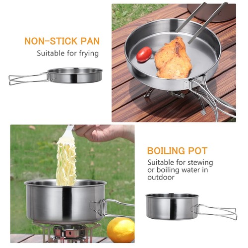 4PC Stainless Steel Camping Cookware Cooking Pot Set Hiking Picnic Pan Outdoor - Picture 6 of 12
