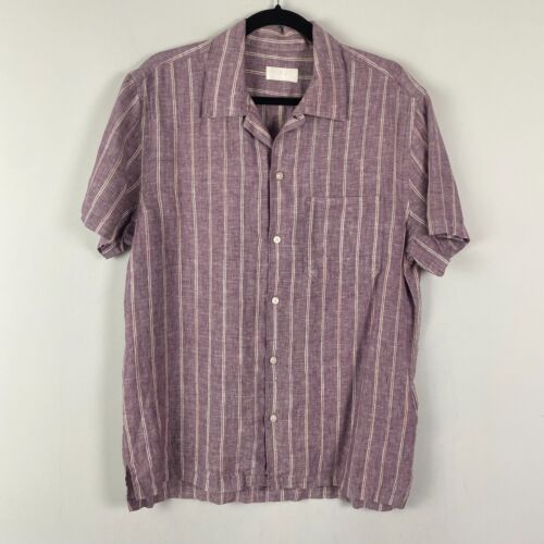 7 For All Mankind Linen Button Up Shirt Size Medium Purple Stripe Short Sleeve