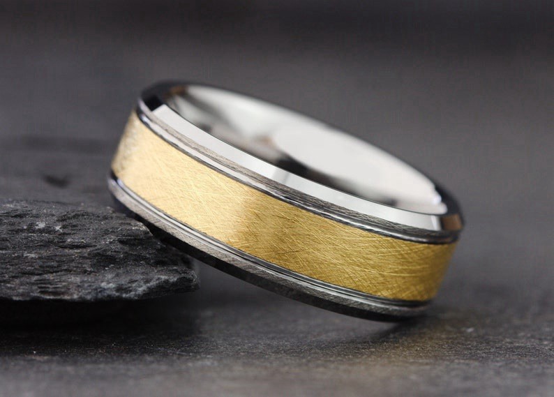 Set of 2 Rings 8mm Titanium Steel Brushed Unisex Wedding Band Silver Gold Com