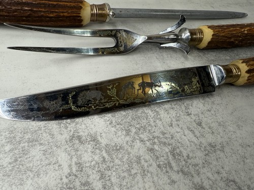 Anton Wingen Jr Solingen Germany Hirschhorngriff 3tlg Tranchierset Messer Gabel Stahl - Bild 2 von 9