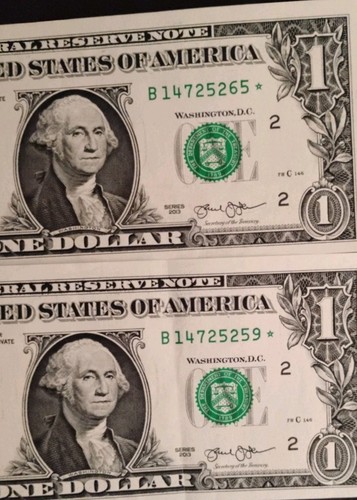 Lot of 2) UNC Consecutive $1 B Series 2013 Dollar Star Note ⭐ Low SERIAL NUMBER - Picture 6 of 7