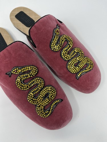 Gucci Lawrence Pink Velvet Gold Beaded Snake Mules Loafers Slides Shoes 41 11 - Picture 3 of 12