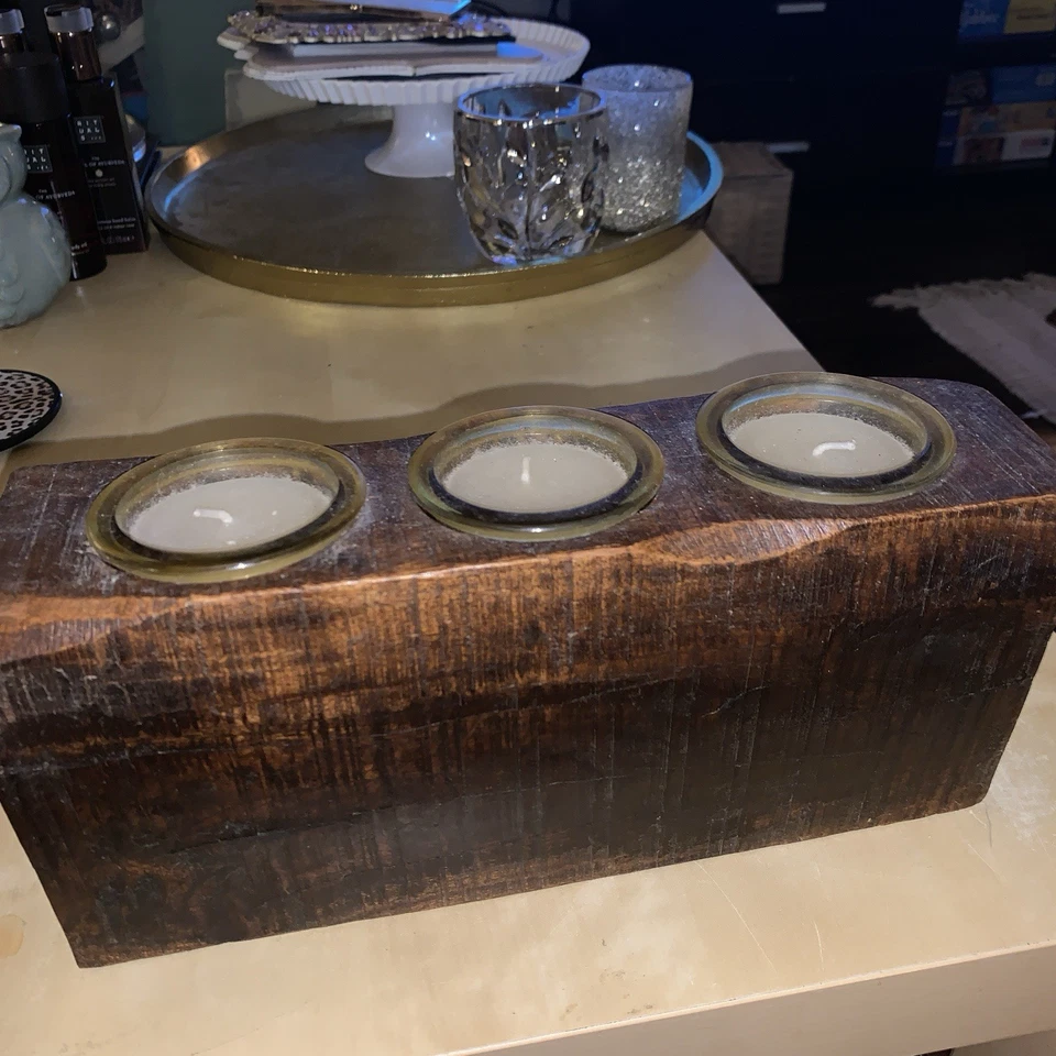 Dark Wood Centerpiece Votive Holder Primitive Rustic Home Decor Heavy NICE - Image 2 of 4