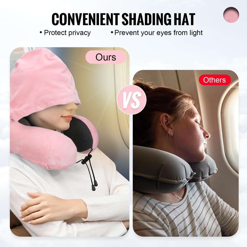 Ultra-Soft Velvet Travel Neck Pillow with Hood for Airplanes & Long Trips