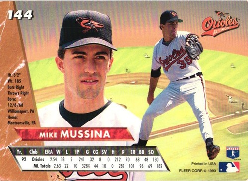 Mike Mussina Baltimore Orioles 93 Fleer Ultra #144 Baseball Card - Picture 2 of 2