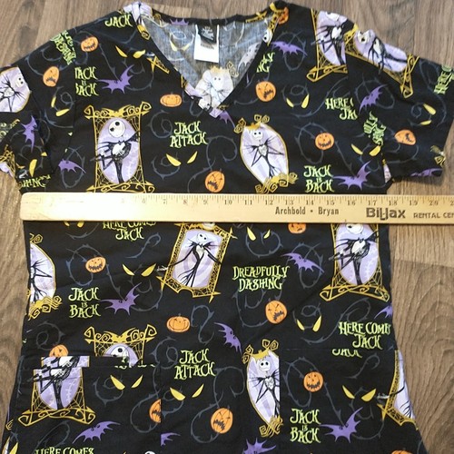 Disney Womens Halloween Scrub Top XS Nightmare Before Christmas Jack Skellington - Picture 7 of 8