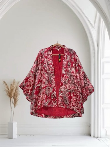 Violet + Claire Kimono Oberteil Damen XL Rosa Satin Paisley Sommer Boho Art To Wear