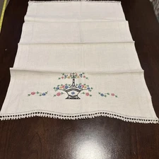 vintage hand embroidered tea towel Linen Floral