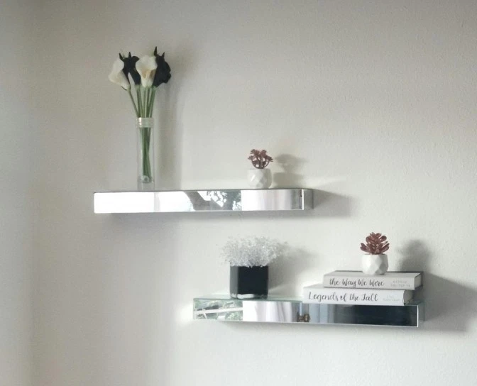 Pair Of Mirrored Floating Wall Shelves, Ledge, Modern, Display, Decor, Glass