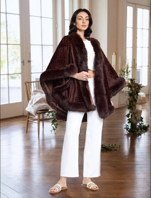 Plus Size Elegant Faux Fox Fur Shawl-Soft Long Wrap Coat With Collar Geometric