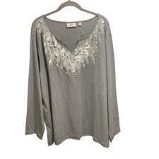 Quaker Factory Womens Gray Sequined V Neck Top 3X Boho Luxe Casual Glam Party