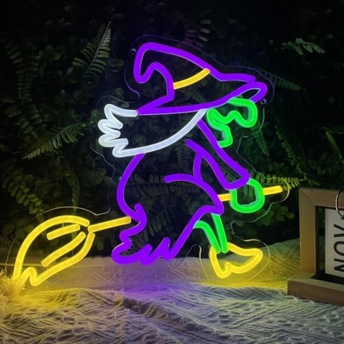 Halloween Hexe mit fliegendem Besen Leuchtreklame für Wand USB Powered Neon Light Up - Bild 2 von 7