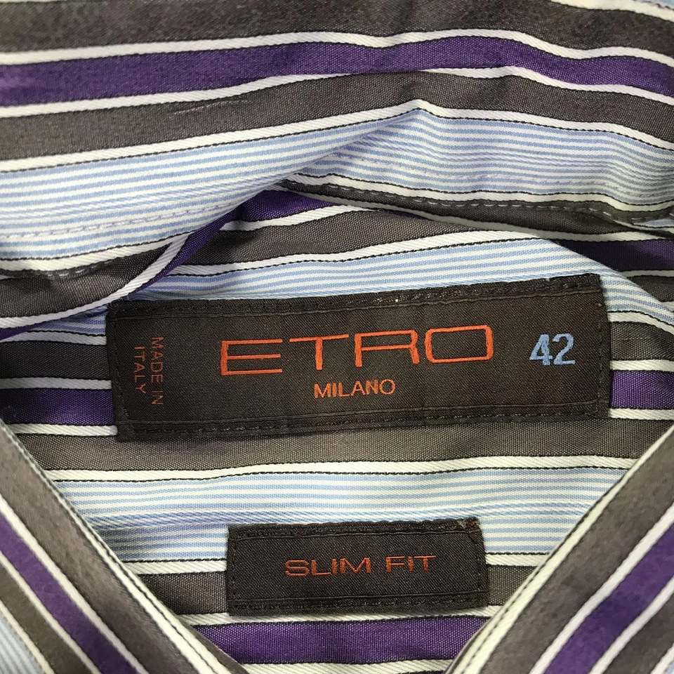 Etro рубашка мужская 42 Slim Fit в полоску на пуговицах сделано в Италии фиолетовый серый белый - Изображение 4 из 4