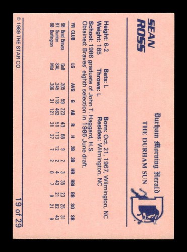 1989 Star Durham Bulls II #19 Sean Ross NM Near Mint BXCP08 - Picture 2 of 2