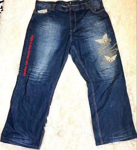 Battou Musume Men's Denim Jeans Pants Samurai Japanese Embroidered Blue 110 - Picture 2 of 15