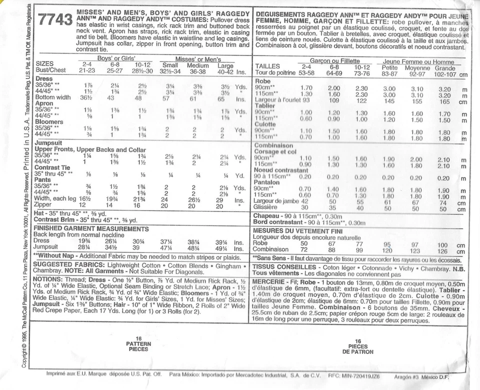 Uncut McCall's Sewing Pattern 7743 Boys Girl Raggedy Ann & Andy Costume Size 2-4 - Image 2 of 2
