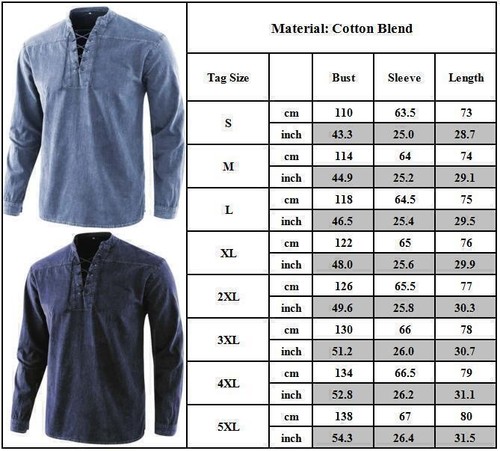 Men's Plain Lace Up Long Sleeve T-Shirts Tops Retro Casual Pullover Shirt Tee - Picture 4 of 14