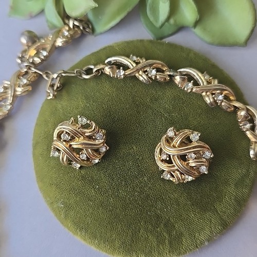 Vintage Trifari goldfarben Glas Strass Halsband Halskette 16" L Ohrringe Set - Bild 2 von 7