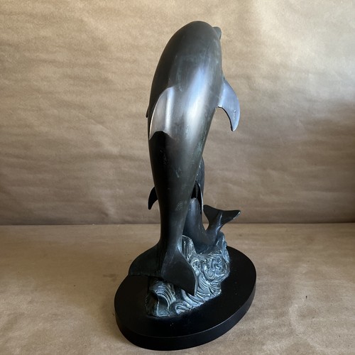 2 Dolphins Jumping Ocean Waves Solid Brass Statue Figures 14” Inches Tall - Picture 4 of 9