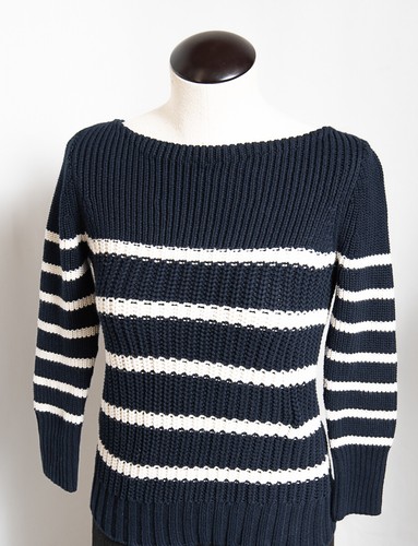J. Grobstrickpullover Crew dunkelblau & weiß 3/4 Ärmel Streifen Matrose XS