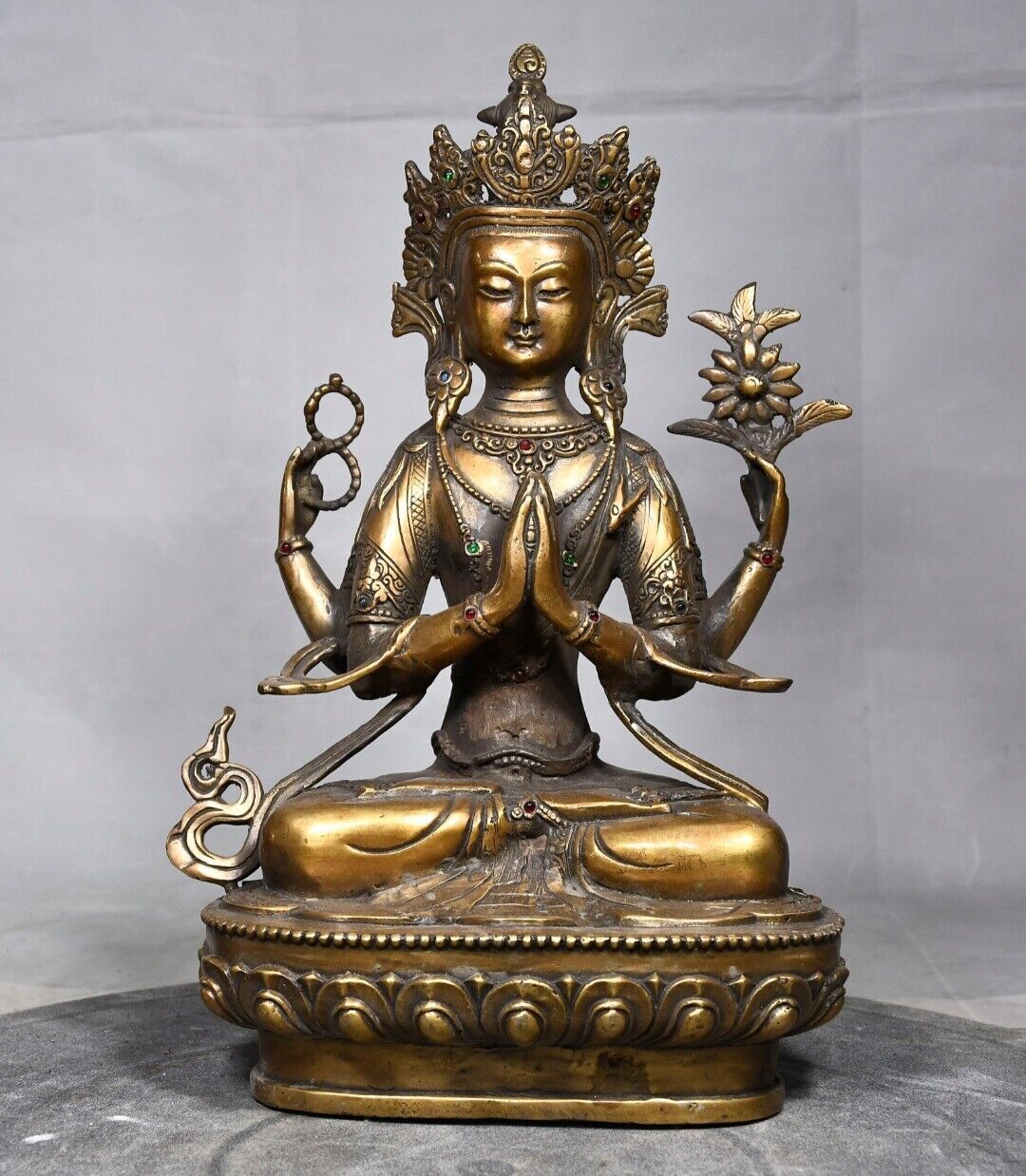 12-Inch Antique Tibetan Bronze Gilt Four-Armed Guanyin Buddha Statue