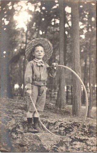 SWEET LITTLE BOY AND HIS HOOP TOY : FASHION : RPPC - Picture 1 of 3