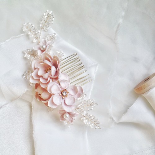Cherry Blossom Floral Hair Comb w. Pearls & Crystals in 14k Gold | Handmade - Picture 7 of 11