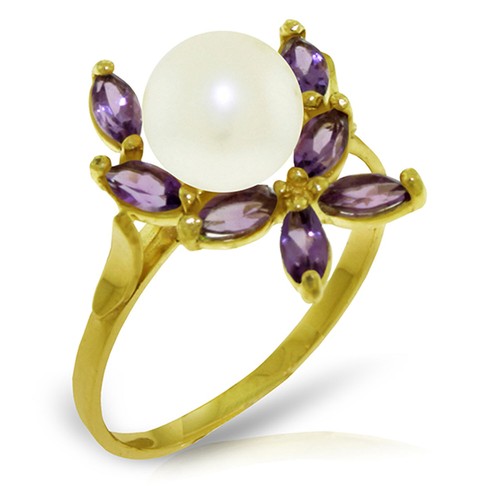 14K. SOLID GOLD RING WITH NATURAL AMETHYSTS & PEARL - Picture 5 of 15
